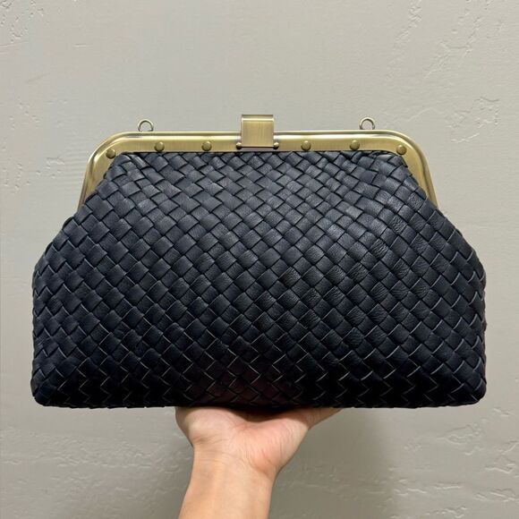 Black Premium Woven Cowhide Retro Metal Frame & Push Lock Handbag, Crossbody - Picture 11 of 16